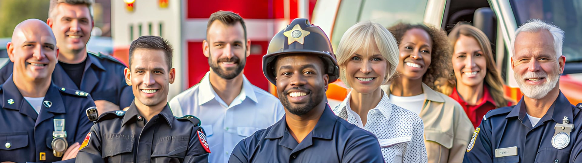 Fire, EMS, and Law Enforcement professionals posing with smiles.